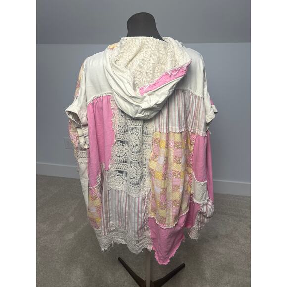 Blue Velvet Button Down Oversized Hoodie Pink Distressed Patchwork Top Size S/M - Picture 7 of 9